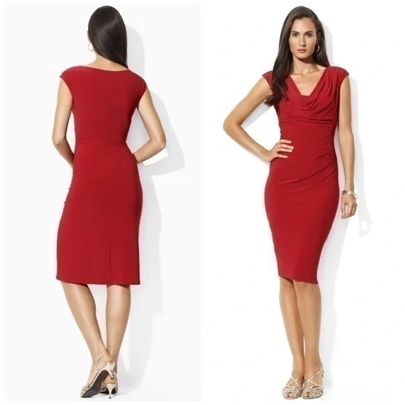 Lauren by Ralph Lauren Red Cap Sleeve Drape Neck Sheath Cocktail Dress Size 6 - Picture 4 of 13